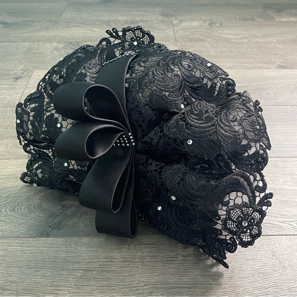 Ms. Divine Black Lace Rhinestone Ribbon Women’s Church Kentucky Derby Hat